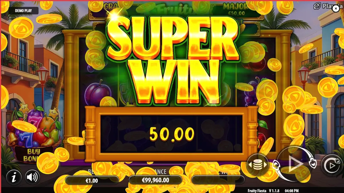 Tampilan visual slot Fruity Fiesta dengan simbol buah neon dan latar belakang karnaval yang meriah.