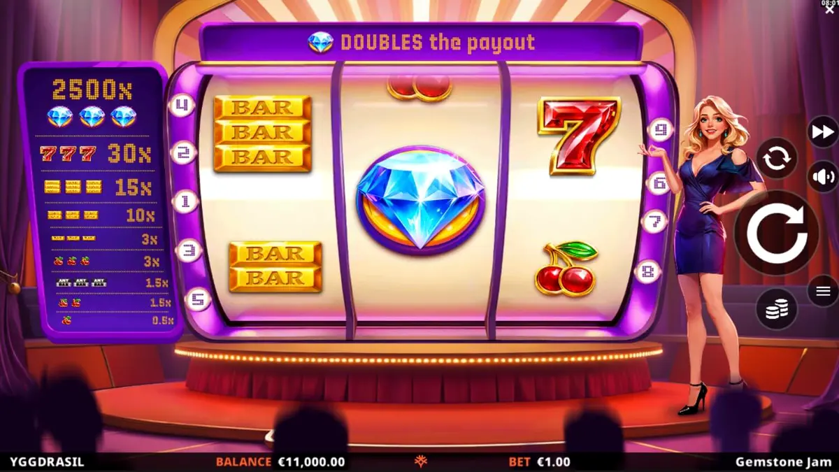 Tampilan visual slot Gemstone Jam dengan nuansa studio TV yang mewah