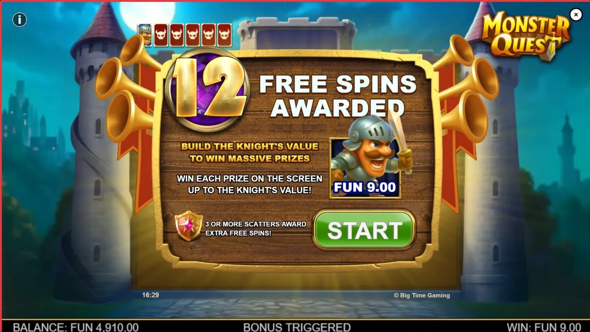 Tampilan visual slot Monster Quest dengan latar belakang kastil abad pertengahan dan simbol monster.